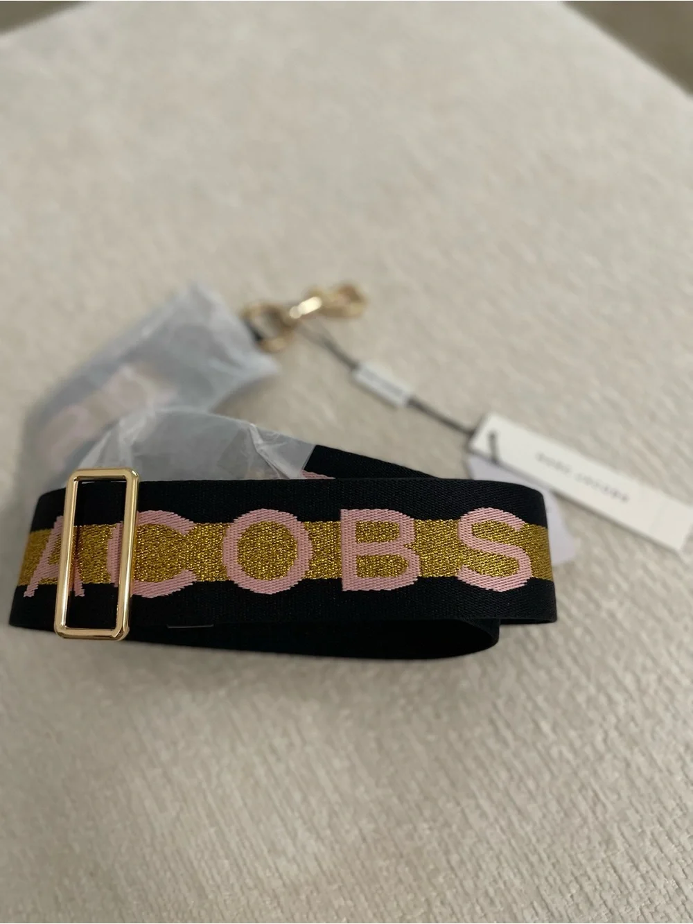 Marc Jacobs Black Webbing Strap with Gold Metallic Stripe and Light Pink Logo